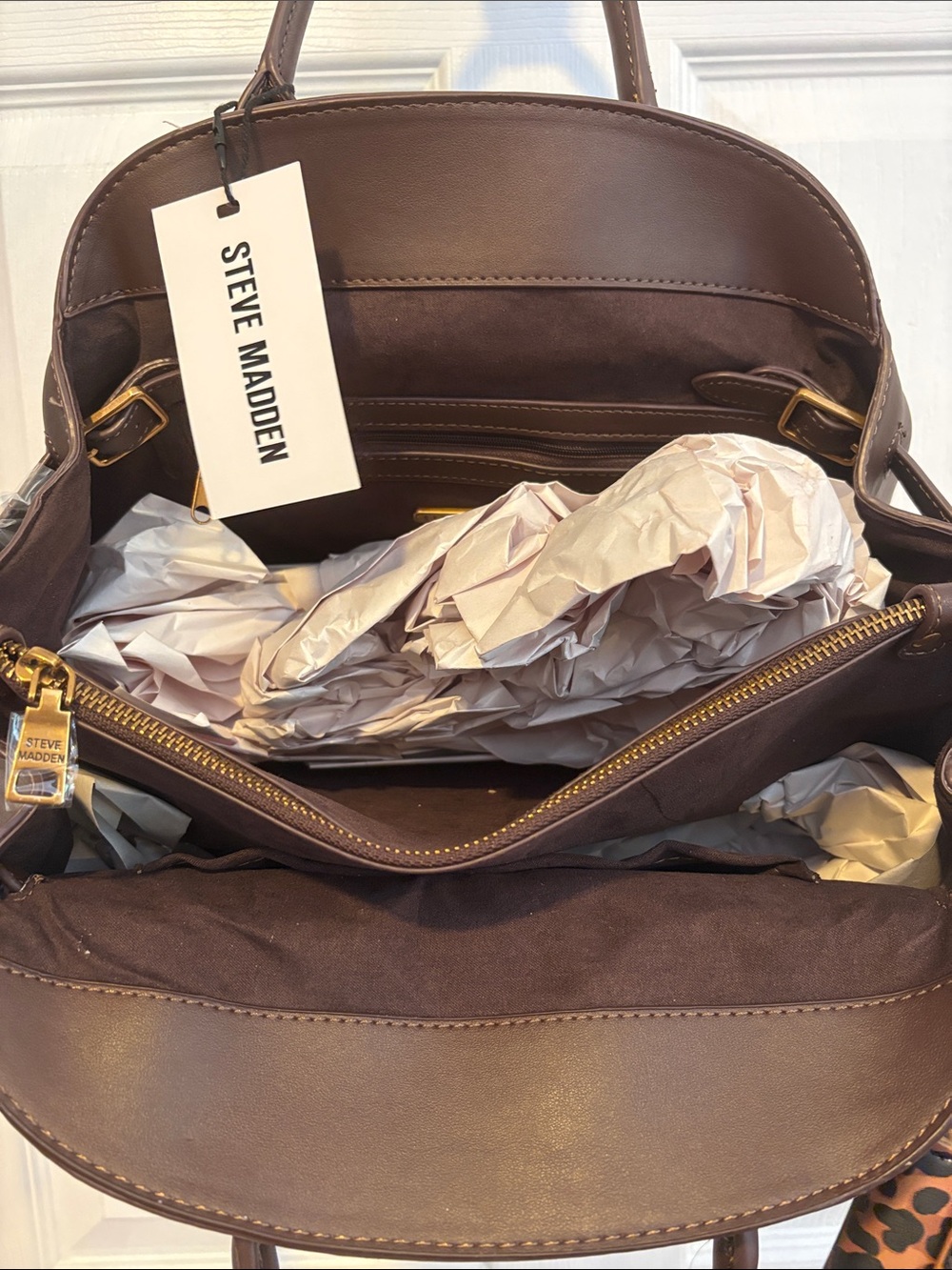 BNWT Steve Madden Chocolate Brown Satchel with Leopard Charm Wallet - Picture 5 of 9